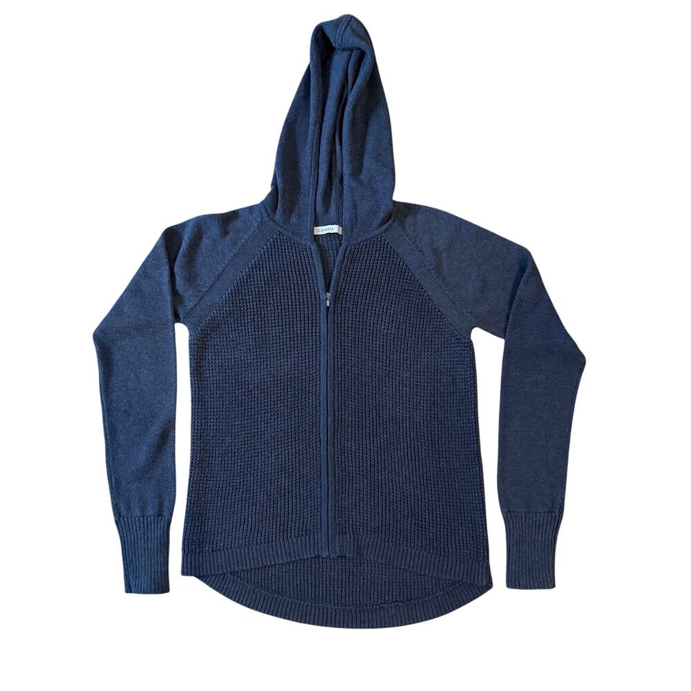 Athleta Navy Blue Waffle Knit Full Zip Hood Sweater Women's Medium